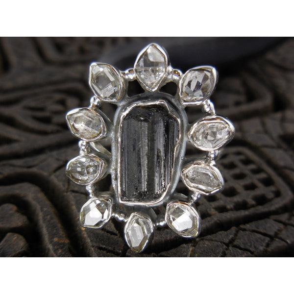 Tourmaline Rough and Herkimer Diamond (Quartz) Sterling Silver Ring - Size 7.75