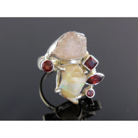 Ethiopian Opal & Morganite Rough and Garnet Sterling Silver Ring - Size 9.25