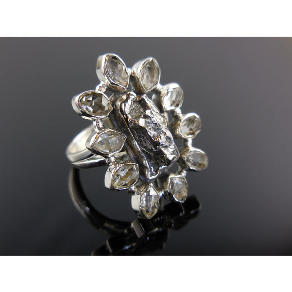 Meteorite & Herkimer Diamond (Quartz) Sterling Silver Ring - Size 7.75