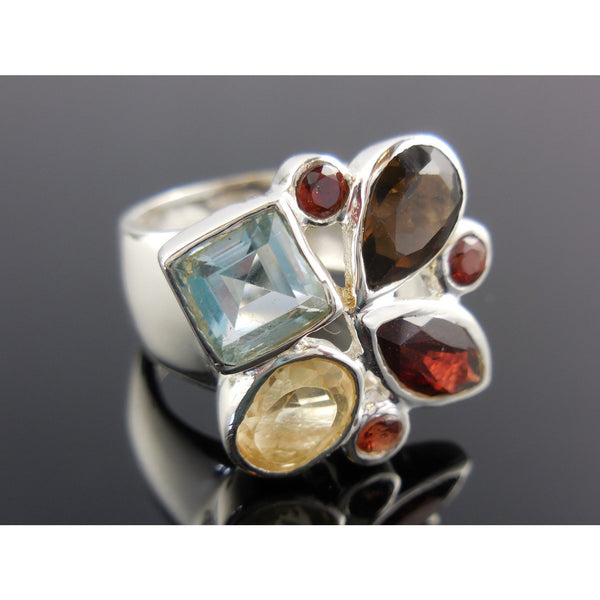 Garnet, Citrine, Smoky Quartz, & Blue Topaz Gemstone Sterling Silver Ring - Size 6.0