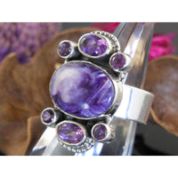 Charoite & Amethyst Quartz Sterling Silver Ring - Size 6.5