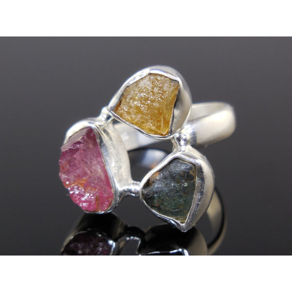 Multi-Color Tourmaline (Rough) Sterling Silver Ring - Size 6.5
