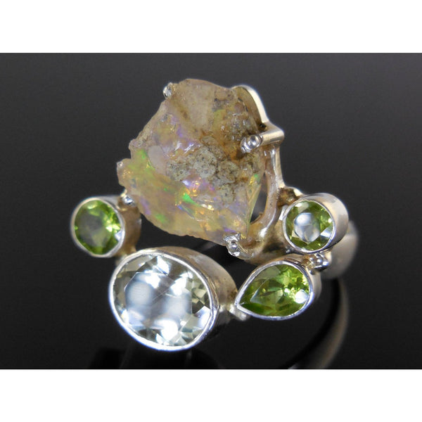 Ethiopian Opal (Rough), Green Amethyst, and Peridot Sterling Silver Ring - Size 9.25