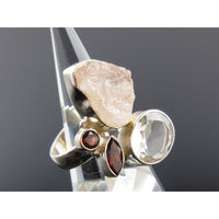Morganite (Rough), Garnet, and Green Amethyst Sterling Silver Ring - Size 8.0