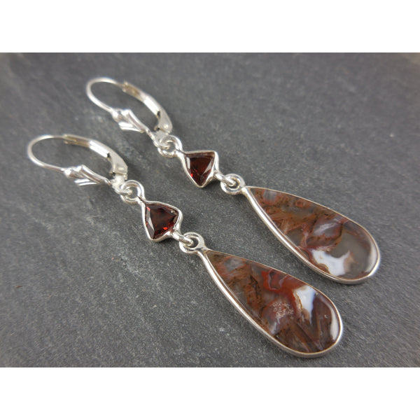 Garnet & Tube Agate .925 Sterling Silver Drop Earrings