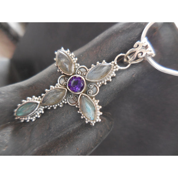 Labradorite & Amethyst .925 Sterling Silver Cross pendant/necklace