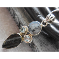 Dendritic Agate & Blue Topaz & Tourmaline .925 Sterling Silver Pendant/Necklace