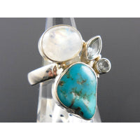 Turquoise, Moonstone, and Blue Topaz Sterling Silver Ring - Size 9.5