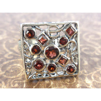 Garnet .925 Sterling Silver Square Ring - Size 7.75