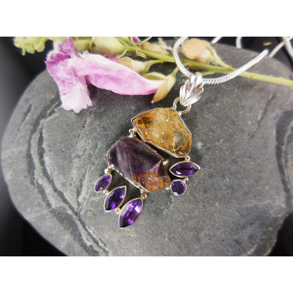 Cacoxenite, Amethyst, and Citrine Gemstone Sterling Silver Pendant/Necklace