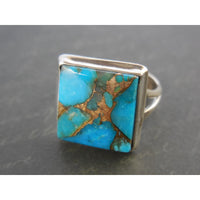 Turquoise & Copper .925 Sterling Silver Square Ring - Size 8.5
