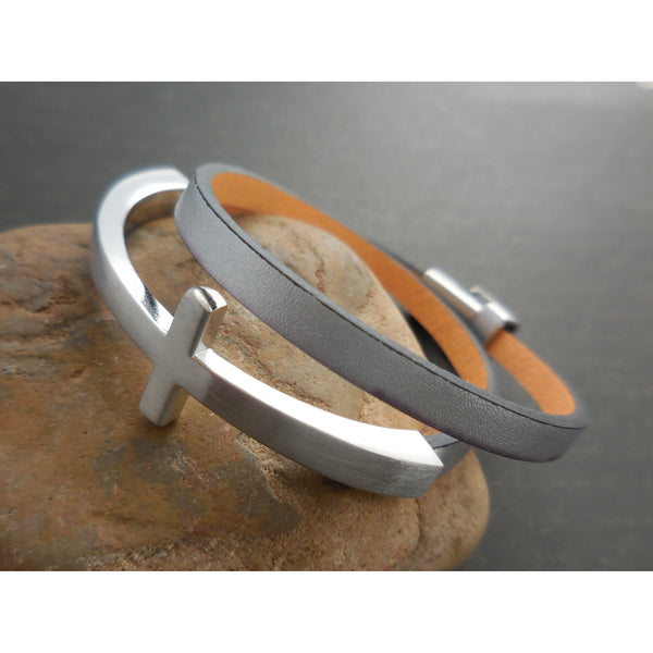 Faux Leather Cross Magnetic Bracelet - Silver Strap