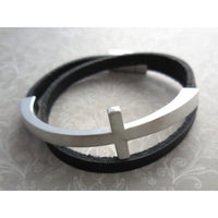 Faux Leather Cross Magnetic Bracelet - Black Strap