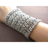 Wide Crystal & Silver Plated Metal Bead Stretch Bracelet