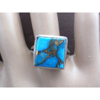 Turquoise & Copper .925 Sterling Silver Square Ring - Size 8.5