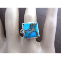 Turquoise & Copper .925 Sterling Silver Square Ring - Size 8.5