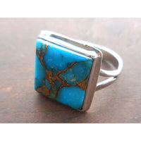 Turquoise & Copper .925 Sterling Silver Square Ring - Size 8.5