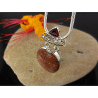 Dinosaur Bone & Garnet Gemstone Sterling Silver Pendant/Necklace