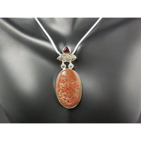 Dinosaur Bone & Garnet Gemstone Sterling Silver Pendant/Necklace