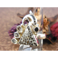 Stingray Coral, Herkimer Diamond (Quartz), and Onyx 925 Sterling Silver Dolphin Ring - Size 7.75