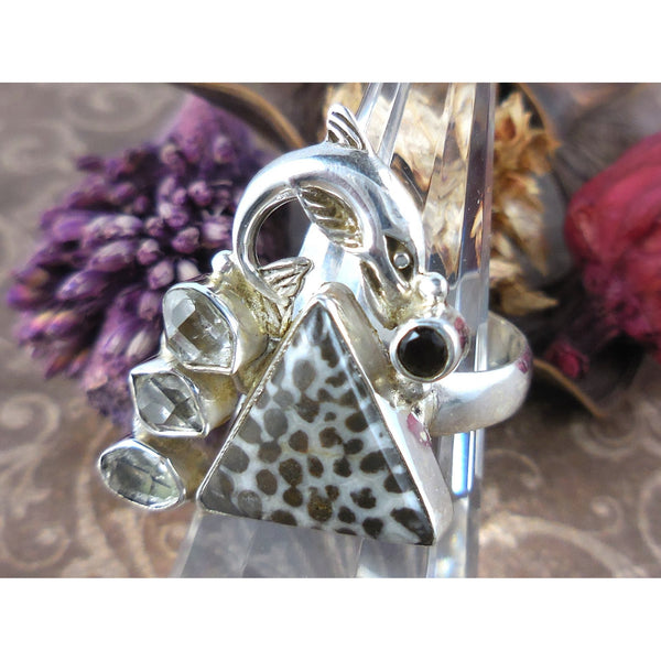 Stingray Coral, Herkimer Diamond (Quartz), and Onyx 925 Sterling Silver Dolphin Ring - Size 7.75