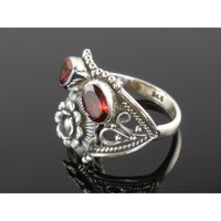 Garnet Sterling Silver Flower Ring - Size 8.30