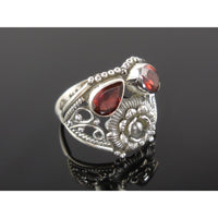 Garnet Sterling Silver Flower Ring - Size 8.30