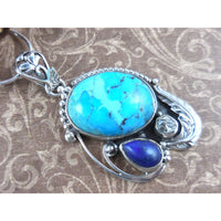 Turquoise, Herkimer Diamond (Quartz), & Lapis .925 Sterling Silver Pendant/Necklace