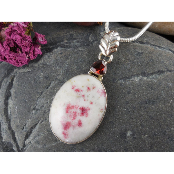 Cinnabar in Dolomite and Garnet Sterling Silver Pendant/Necklace