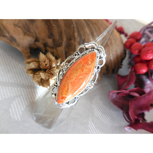 Ornate Italian Coral Cabochon Sterling Silver Ring – Size 7.25