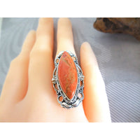 Ornate Italian Coral Cabochon Sterling Silver Ring – Size 7.25