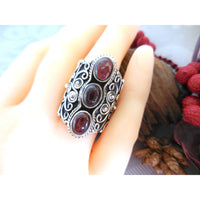 Garnet Three-Stone .925 Sterling Silver Ring - Size 8.25