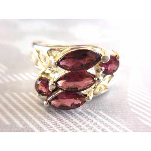 Marquis Garnet 5-Stone .925 Sterling Silver Ring - Size 7.75