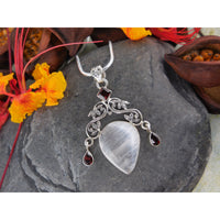 Selenite & Garnet Sterling Silver Pendant/Necklace