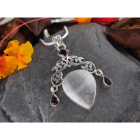 Selenite & Garnet Sterling Silver Pendant/Necklace