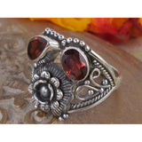 Garnet Sterling Silver Flower Ring - Size 8.30