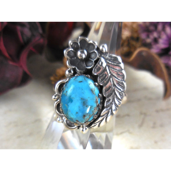 Turquoise Flower & Leaf .925 Sterling Silver Ring - Size 8