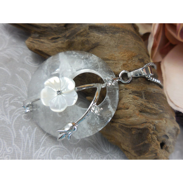 Crystal Quartz, Mother-of-Pearl, & Crystal Disc Stainless Steel Pendant/Necklace