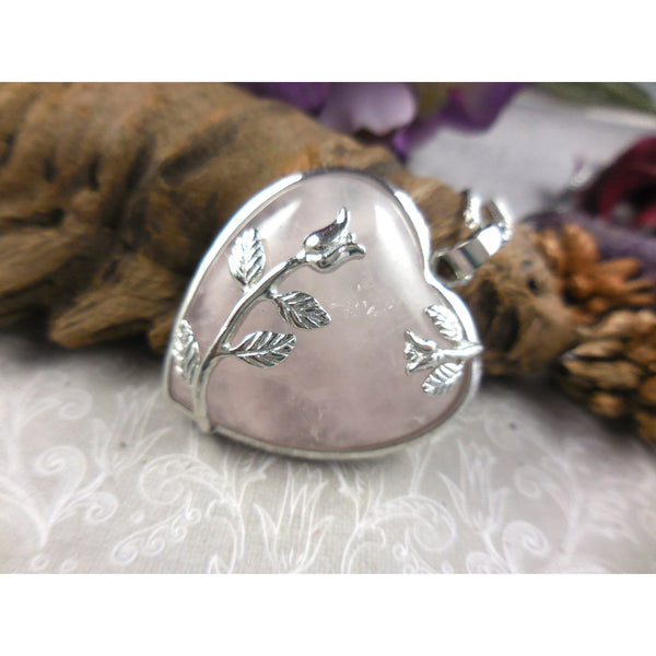 Rose Quartz Cabochon Chunky Heart Silver-Plated & Stainless Steel Necklace