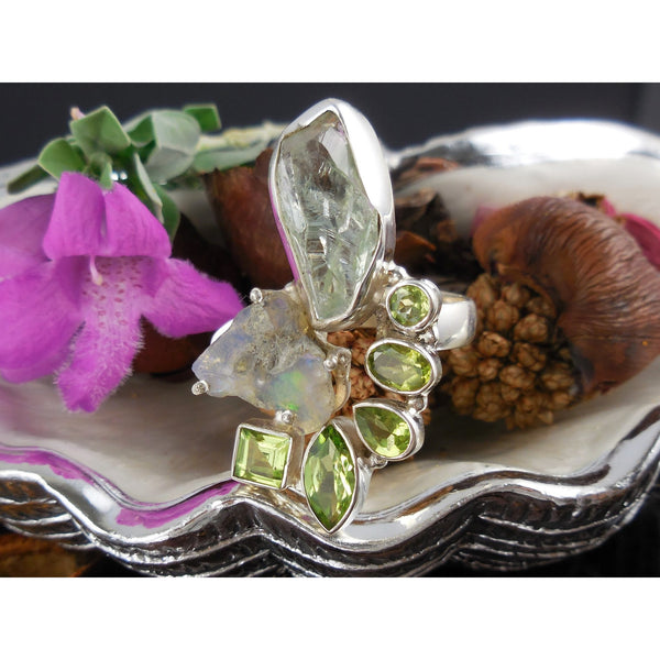 Green Amethyst, Ethiopian Opal, & Peridot Sterling Silver Ring - Size 7