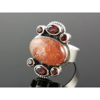 Golden Sunstone & Garnet Sterling Silver Ring - Size 8