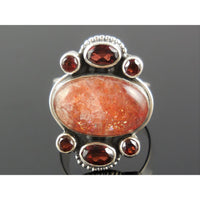 Golden Sunstone & Garnet Sterling Silver Ring - Size 8