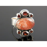 Golden Sunstone & Garnet Sterling Silver Ring - Size 8
