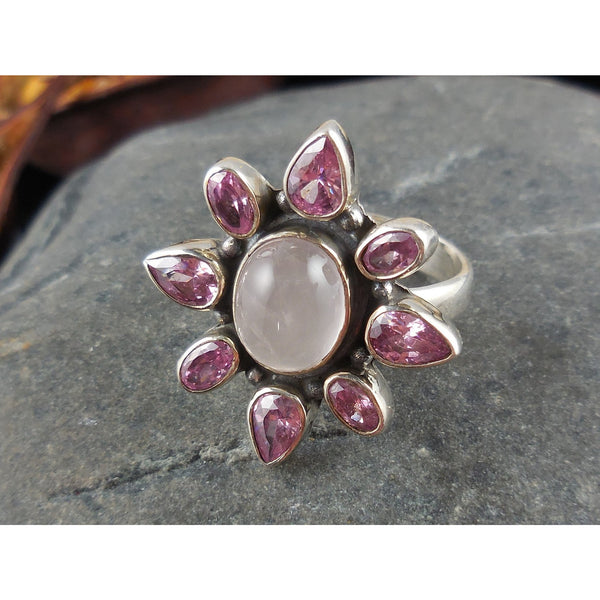 Kunzite & Rose Quartz Sterling Silver Ring - Size 7.75