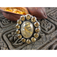 Golden Rutilated Quartz & Citrine Sterling Silver Ring - Size 9