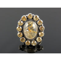 Golden Rutilated Quartz & Citrine Sterling Silver Ring - Size 9