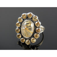 Golden Rutilated Quartz & Citrine Sterling Silver Ring - Size 9