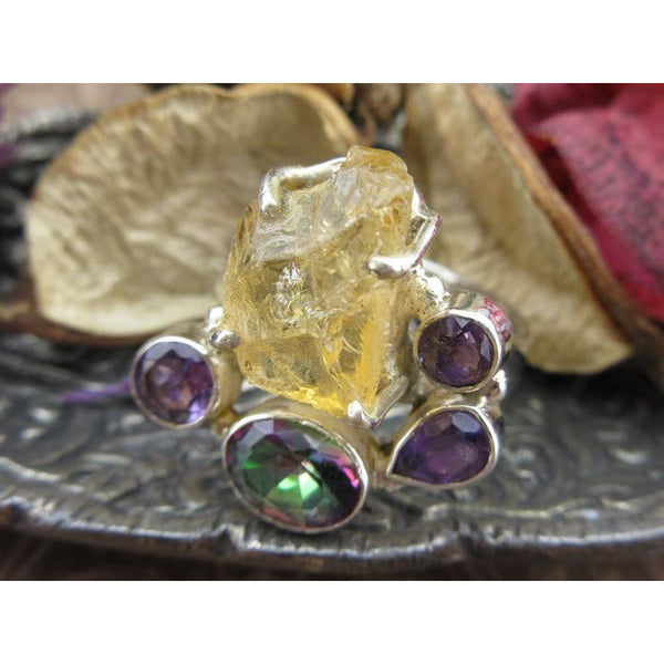 Citrine (Rough), Amethyst, & Rainbow Topaz Sterling Silver Ring - Size 8.75