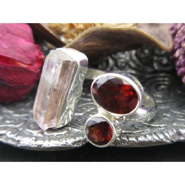 Pink Kunzite & Garnet Sterling Silver Ring - Size 6.75
