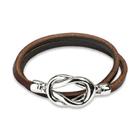 Double Loop Leather Bracelet with Stainless Steel Knot Closure Design - Brown